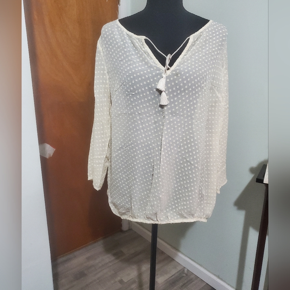 Tommy Bahama White Swiss Dot Sheer Peasant Blouse Tassel Tie Boho Top L